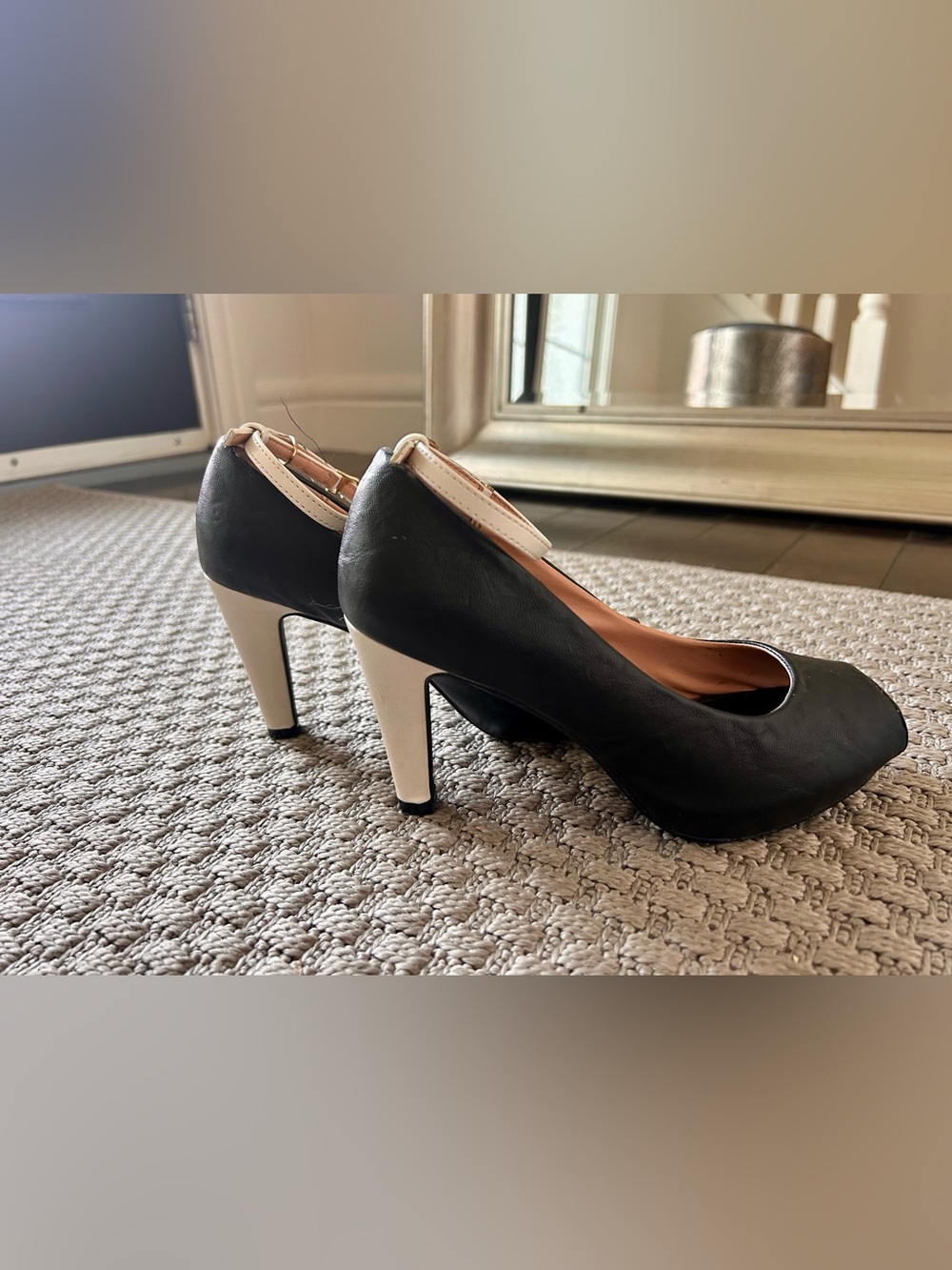 Chic Two-Tone Ankle Strap Heels - Black and Cream